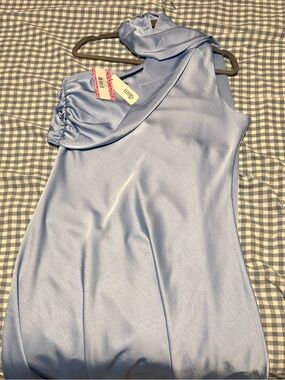 glam Light Blue Draped High-Neck Evening Dress